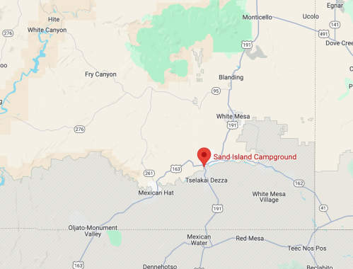 Map showing the location of Sand Island Campground near Blanding, Utah, with surrounding landmarks and roads.